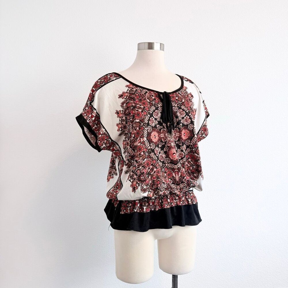 Claudia Richard White Floral Boho Short Sleeve Blouse Medium Boho Flutter